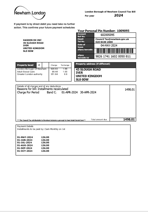 United Kingdom London of Borough of Newham council tax business utility bill template in Word and PDF formats